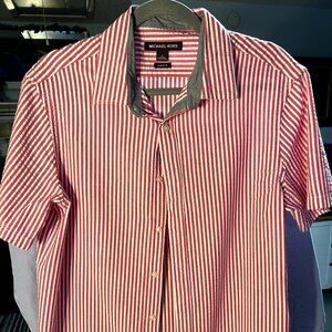 Michael Kors Classic Fit 100% Cotton Red White Stripe Short-Sleeve Btn-Up SZ Lrg